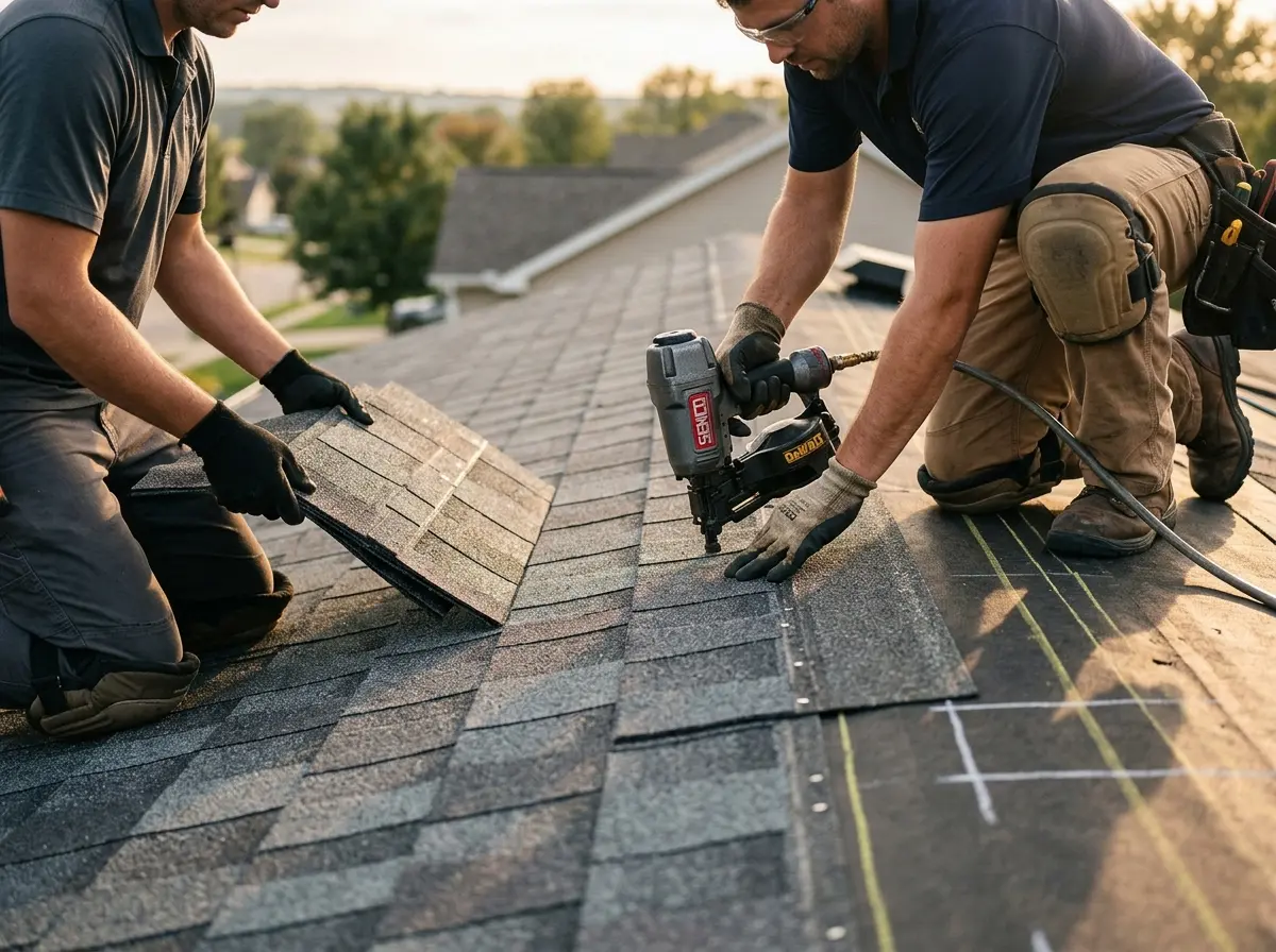 Professional roofer working on a residential roof in Lynn
